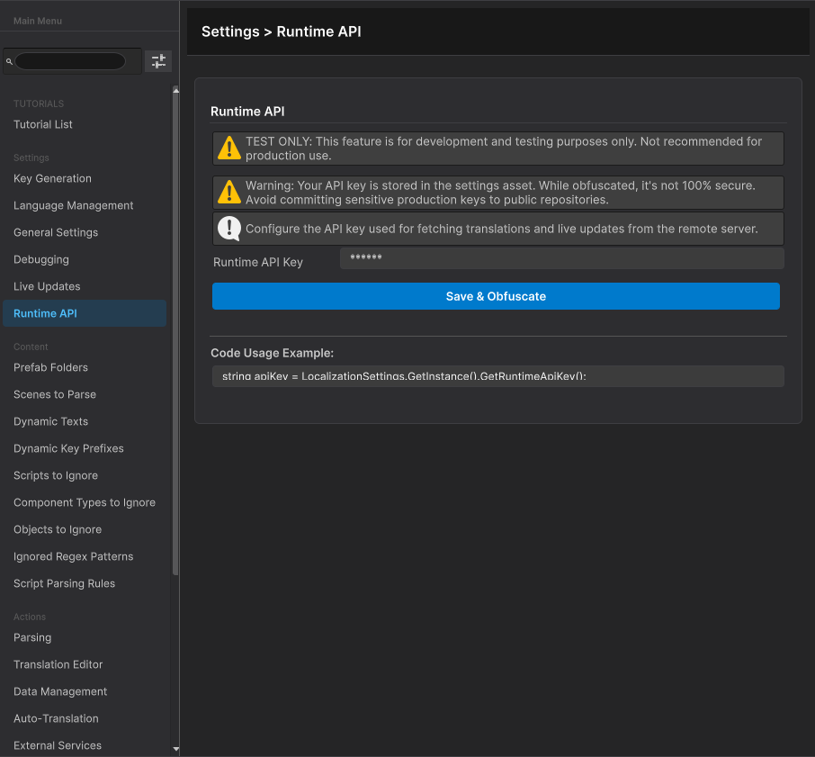 Runtime API Key section